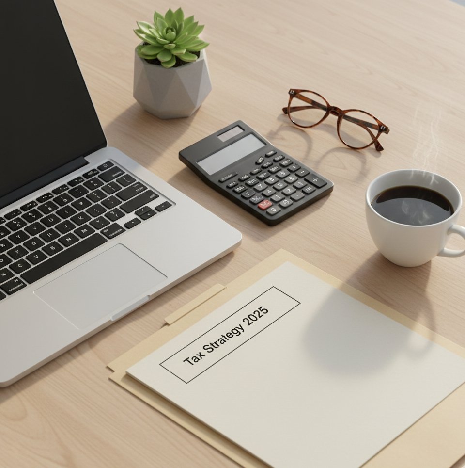 Tax Strategy 2025 folder on desk with laptop and calculator — expert tax preparation and planning services in Phoenix AZ by Duran Business