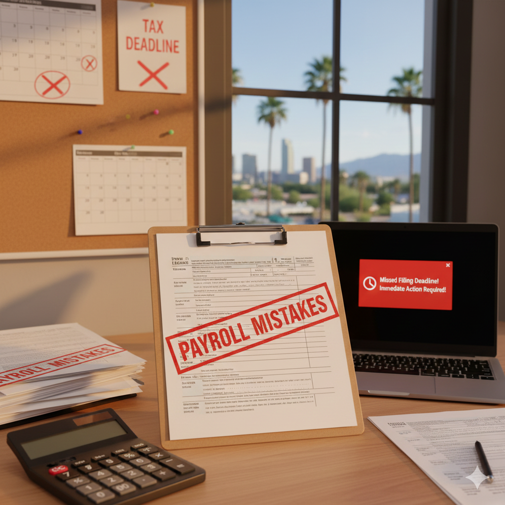 Payroll mistakes stamp on tax form with missed filing deadline alert — avoid payroll errors with Duran Business payroll services in Phoenix AZ